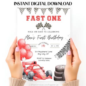 May include: A digital download invitation for a first birthday party. The design features a red race car, balloons, and tire tracks. The text reads "FAST ONE" and includes party details.