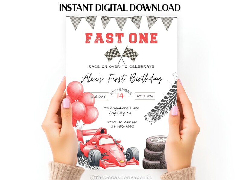 May include: A digital download invitation for a first birthday party. The design features a red race car, balloons, and tire tracks. The text reads "FAST ONE" and includes party details.
