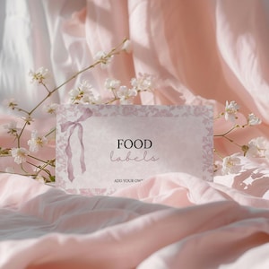 Pink Bow Baby Shower Decoration, Editable Pink Bow Food Label, Baby Girl Shower Pink Coquette, Pink Toile de Jouy Food Tent Cards