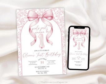 Girls Just Wanna Be One Birthday Invite, Pink Coquette Bow First Birthday, Girls Just Wanna Be One Party, Toile de Jouy Invite