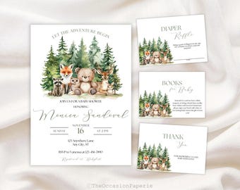 May include: A baby shower invitation suite with a woodland theme. The main invitation features forest animals and text that reads "Let the Adventure Begin." Additional cards include a diaper raffle, books for baby, and thank you notes.