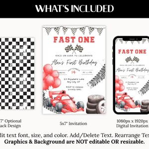 May include: A set of racing-themed birthday party invitations. Includes a 5x7 inch invitation, a digital invitation for a smartphone, and an optional back design. The invitation features a red race car, balloons, and the text "FAST ONE".
