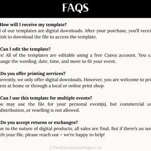 May include: A cream-colored digital document with black text, titled "FAQs." The text answers questions about digital templates, including how to receive, edit, and use them. TheOccasionPaperie is at the bottom.