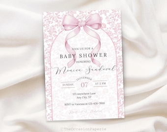 Babyshower met roze strik: Toile de Jouy, chinoiserie (digitale download)