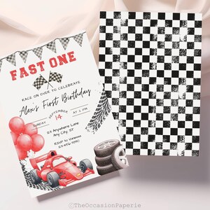 May include: A birthday invitation with a race car theme. The invitation features a red race car, balloons, and the text "FAST ONE." A second card has a black and white checkered pattern.