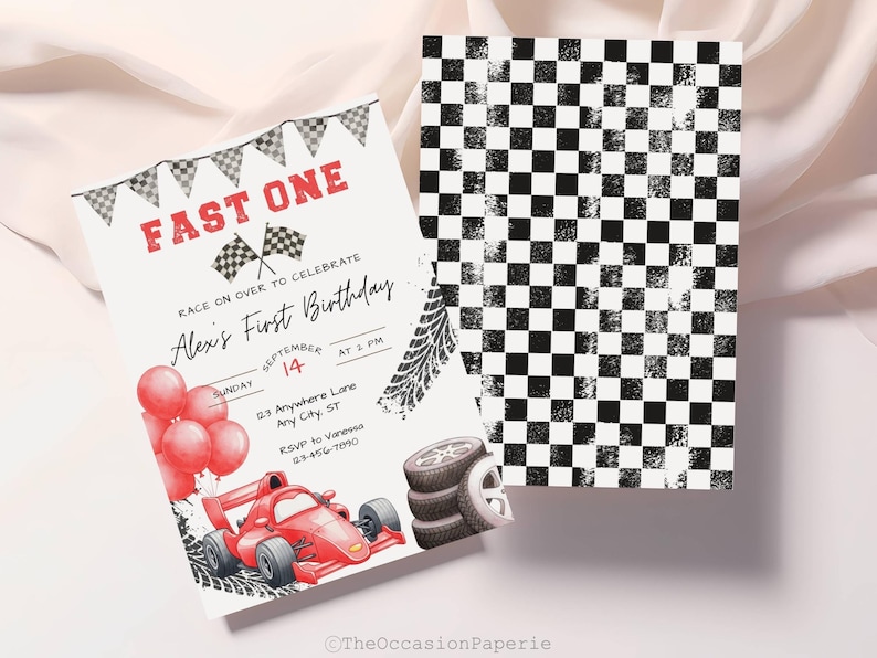 May include: A birthday invitation with a race car theme. The invitation features a red race car, balloons, and the text "FAST ONE." A second card has a black and white checkered pattern.