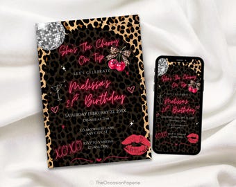 Cherry On Top Birthday Invitation, Leopard Cherry Invite, She’s The Cherry On Top, Cheetah Cherries Birthday, Downloadable Invite