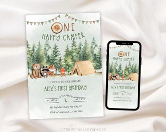 One Happy Camper Birthday Invitation, Camping First Birthday Invite, Camping Theme First Birthday, Happy Camper Invite, Boys Camper 1st bday
