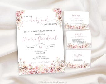 May include: A baby shower invitation set with a floral design. The main invitation reads "A sweet baby girl is on her way!" and includes details for the event, including the date, time, and location. Additional cards include "Diaper Raffle", "Books for Baby", and "Thank You".