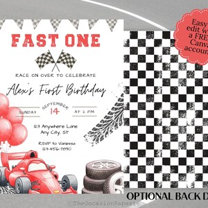 May include: A racing-themed birthday invitation with the text "FAST ONE" in red. The design includes a red race car, checkered flags, balloons, and tire tracks. The invitation is for Alex's First Birthday, September 14th.