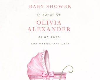 Peut inclure: Invitation de baby shower avec un design aquarelle rose. L'invitation comprend le texte "Rejoignez-nous pour une baby shower en l'honneur d'Olivia Alexander 01.03.2030 Any Where, Any City." Une poussette rose est présentée.