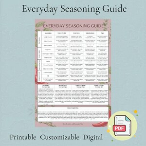 Puede incluir: Una guía digital imprimible titulada "Everyday Seasoning Guide" con un borde floral rosa y verde. La guía incluye una tabla con información sobre condimentos, perfiles de sabor, mejores usos, sustituciones y consejos. Un icono PDF está en la esquina inferior derecha.