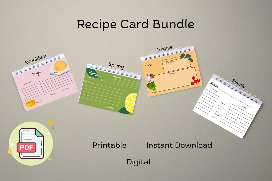 Printable Recipe Card Bundle L Cute Kitchen Printable L Digital Recipe ...