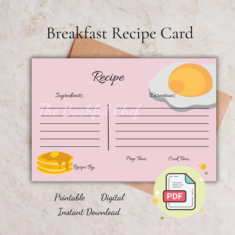 Printable Breakfast Recipe Card, Digital PDF, Cute Egg and Pancake ...