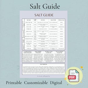 May include: A printable digital salt guide with a detailed chart listing various salt types, grain sizes, best uses, flavor profiles, and refined or raw status. The guide includes tips and is labeled "Salt Guide". A PDF icon is in the lower right.
