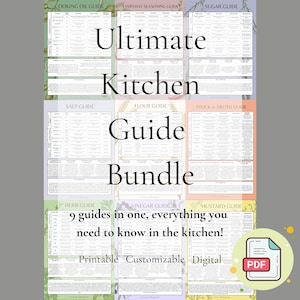 May include: A digital kitchen guide bundle with nine guides, including cooking oil, everyday seasoning, and sugar guides. The text reads "Ultimate Kitchen Guide Bundle" and "9 guides in one, everything you need to know in the kitchen!" A PDF icon is in the corner.