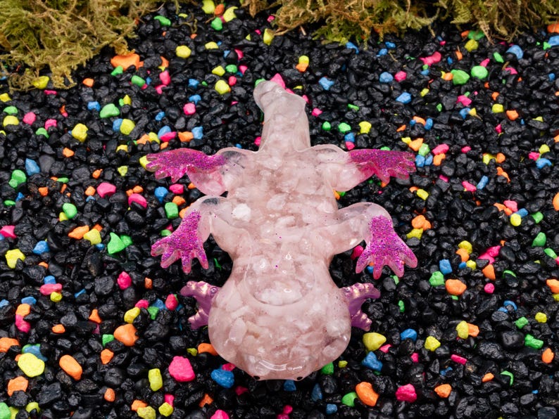 Rose Quartz Crystal Chip Axolotl Figure, Resin Animal Sculpture, Hand-Painted Details image 8