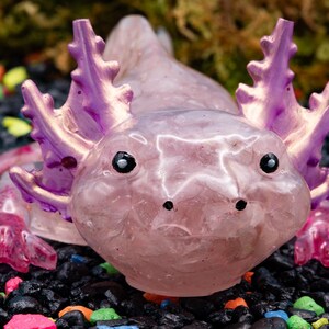 Rose Quartz Crystal Chip Axolotl Figure, Resin Animal Sculpture, Hand-Painted Details image 2