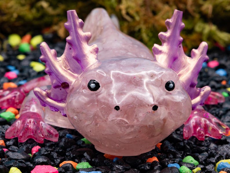 Rose Quartz Crystal Chip Axolotl Figure, Resin Animal Sculpture, Hand-Painted Details image 2