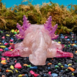 Rose Quartz Crystal Chip Axolotl Figure, Resin Animal Sculpture, Hand-Painted Details image 4