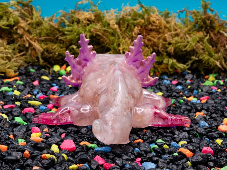 Rose Quartz Crystal Chip Axolotl Figure, Resin Animal Sculpture, Hand-Painted Details image 4