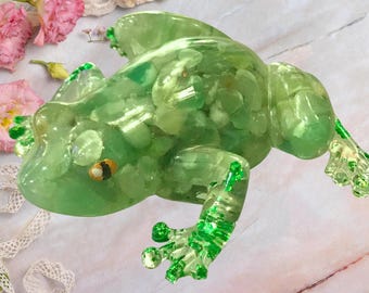 Green Aventurine Crystal Chip Epoxy Resin Lucky Frog Animal Figure, Unique Handmade Metaphysical Gift