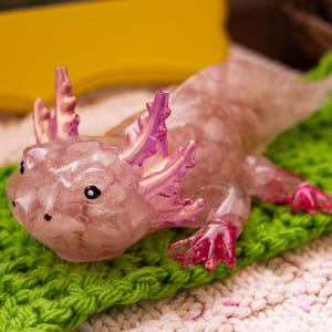 Rose Quartz Crystal Chip Axolotl Figure, Resin Animal Sculpture, Hand-Painted Details image 11