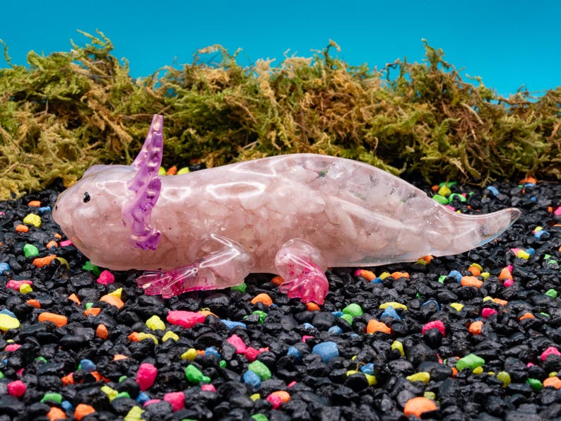 Rose Quartz Crystal Chip Axolotl Figure, Resin Animal Sculpture, Hand-Painted Details image 5