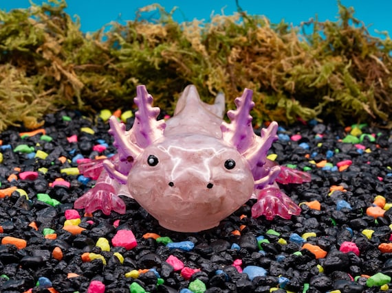 Rose Quartz Crystal Chip Axolotl Figure, Resin Animal Sculpture, Hand-Painted Details
