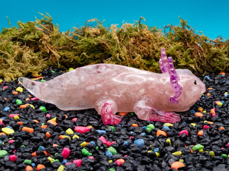 Rose Quartz Crystal Chip Axolotl Figure, Resin Animal Sculpture, Hand-Painted Details image 6