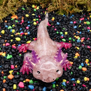 Rose Quartz Crystal Chip Axolotl Figure, Resin Animal Sculpture, Hand-Painted Details image 7