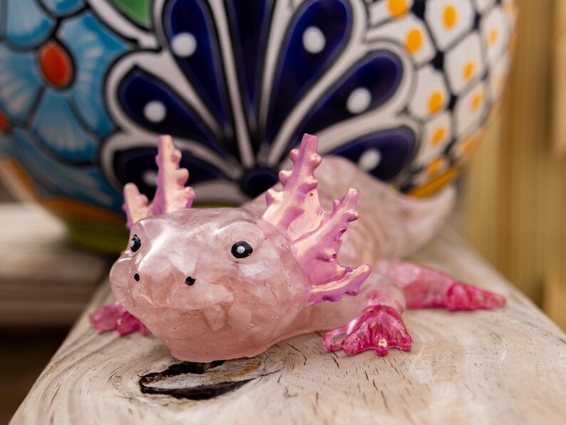 Rose Quartz Crystal Chip Axolotl Figure, Resin Animal Sculpture, Hand-Painted Details image 10