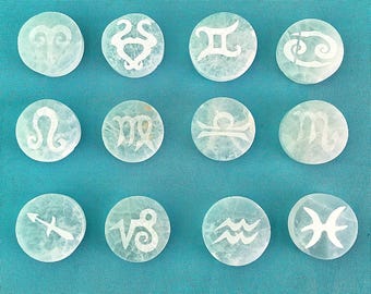 Small One Inch Diameter Selenite Charging Disc Plate with Laser Engraved Zodiac Sign Symbol