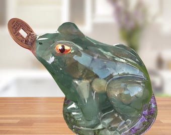 Green Aventurine Crystal Chip Epoxy Resin Feng Shui Lucky Frog, Unique Handmade Metaphysical Gift