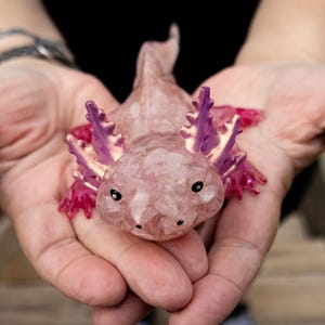 Rose Quartz Crystal Chip Axolotl Figure, Resin Animal Sculpture, Hand-Painted Details image 9