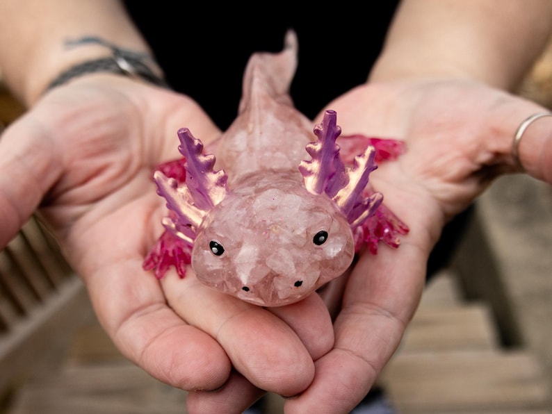 Rose Quartz Crystal Chip Axolotl Figure, Resin Animal Sculpture, Hand-Painted Details image 9
