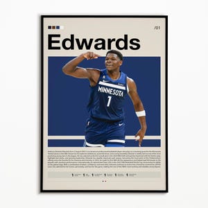 Anthony Edwards Poster, Timberwolves Print, NBA Poster, Sports Poster, Mid Century Modern, NBA Fans, Basketball Gift, Sports Bedroom Posters