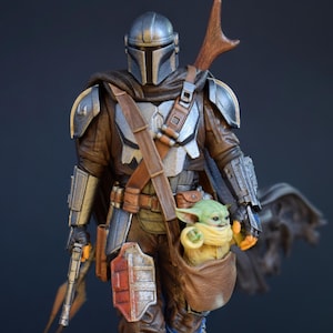 The Mandalorian with Grogu Statue – Hand-Painted Fan Art Collectible Figure | Star Wars Resin Model Gift for Collectors