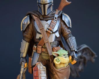 The Manda10rian with Master Baby Statue – Hand-Painted or Unpainted Kit Fan Art Collectible Figure | Resin Model Gift for Collectors