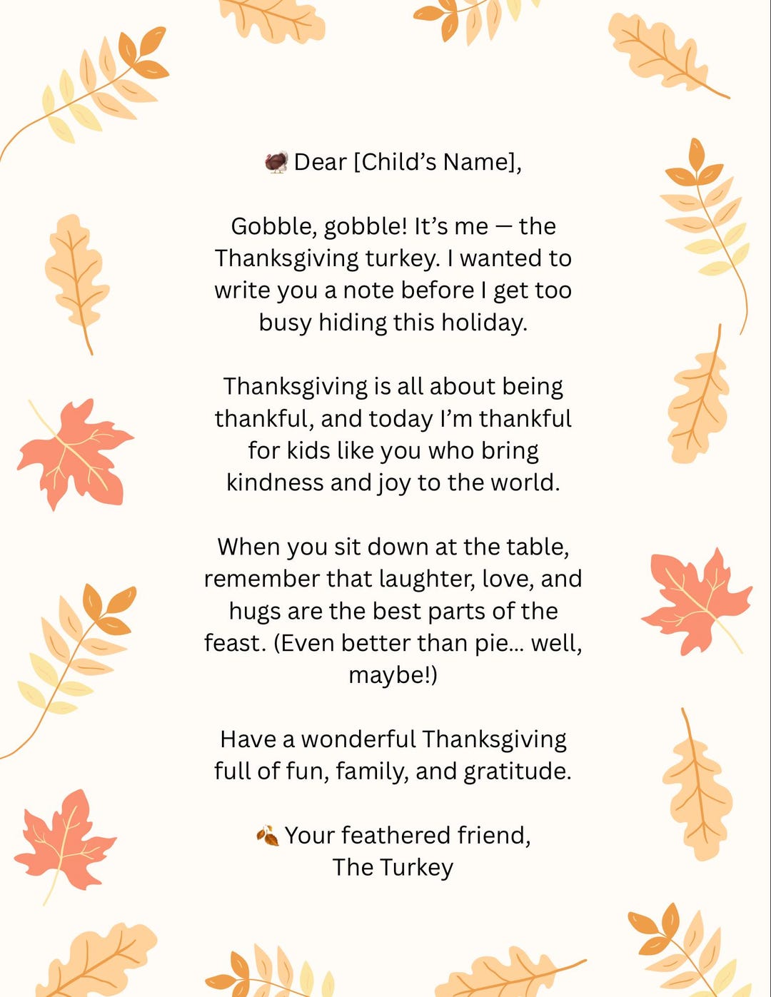 Thanksgiving Letter for Kids | Editable Printable Holiday Note From the ...