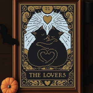 Schema per punto croce "Gatti Gotici Amanti" in PDF / Schema per ricamo a tema Halloween, Tarocchi e Streghe / Regalo di anniversario moderno a punto croce