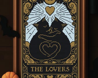 Gothic Cats Lovers Cross Stitch Pattern PDF | Halloween Tarot Witchy Embroidery Chart | Modern Counted Cross Stitch Anniversary Gift
