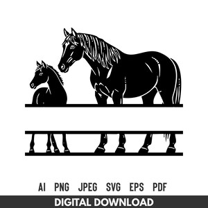 Peut inclure: Silhouette noire d'un cheval et d'un poulain au-dessus d'une ligne horizontale, avec des pattes de cheval stylisées en dessous. L'image comprend le texte "AI PNG JPEG SVG EPS PDF DIGITAL DOWNLOAD".