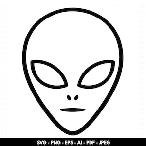 May include: A black and white illustration of an alien face. The alien has a large head, almond-shaped eyes, and small nostrils. The image includes the text "SVG - PNG - EPS - AI - PDF - JPEG" at the bottom.