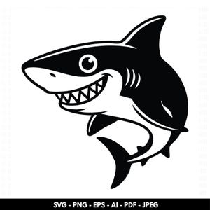 Puede incluir: Ilustración de un tiburón de dibujos animados en blanco y negro con una expresión sonriente. El tiburón tiene dientes afilados y una aleta detallada. La imagen incluye el texto "SVG - PNG - EPS - AI - PDF - JPEG".