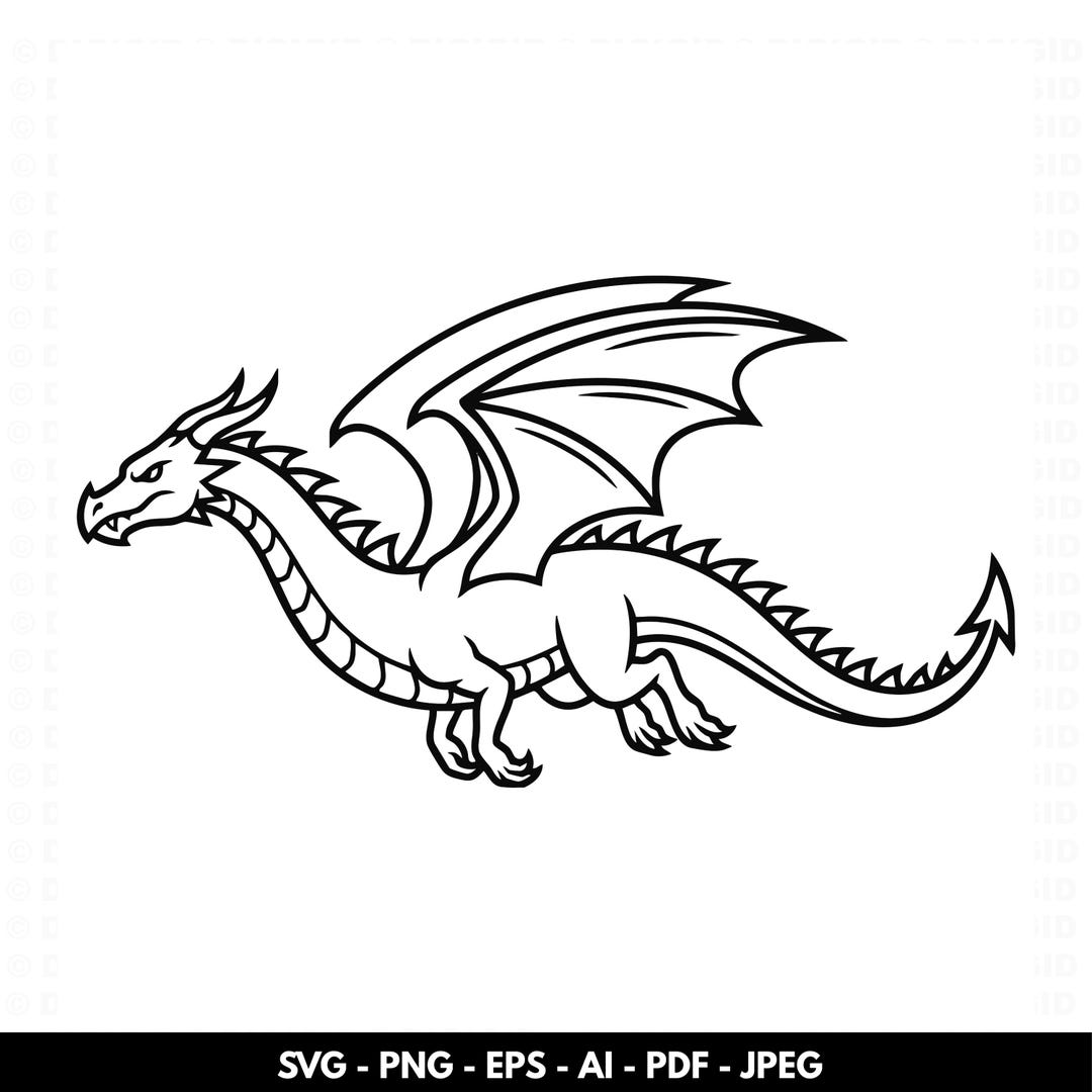Flying Dragon SVG PNG Cut File | Fantasy Dragon Line Art Design for ...