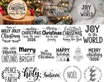 クリスマスオーナメントSVGバンドル、手書きのクリスマス名言集、丸型オーナメントカットファイル、ホリデーデコレーションSVG、クリカットクリスマスクリップアート
