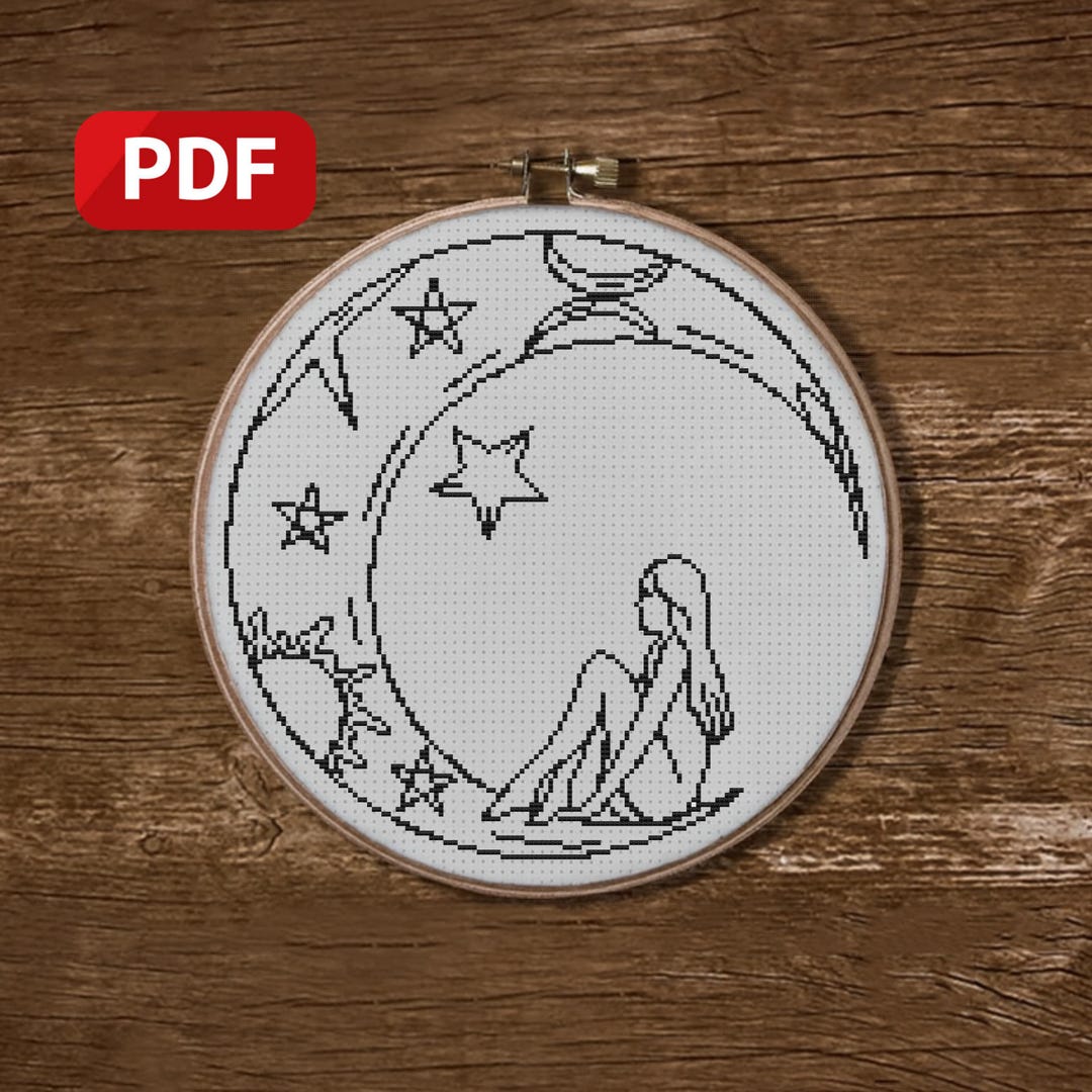 Moon Girl Cross Stitch Pattern PDF | Celestial Blackwork Chart | Boho ...