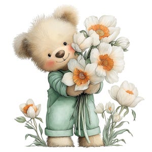 May include: A cute teddy bear illustration holding a bouquet of white flowers with orange centers. The bear is wearing a light green outfit and has rosy cheeks. The background is white.
