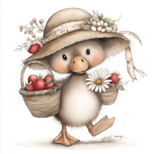 Könnte beinhalten: Eine bezaubernde Illustration eines Entenküken mit einem Strohhut, der mit Blumen und einem Band verziert ist. Das Entenküken trägt zwei kleine Weidenkörbe mit reifen roten Erdbeeren und einer Gänseblümchen. Das Kunstwerk hat einen weichen Aquarellstil.